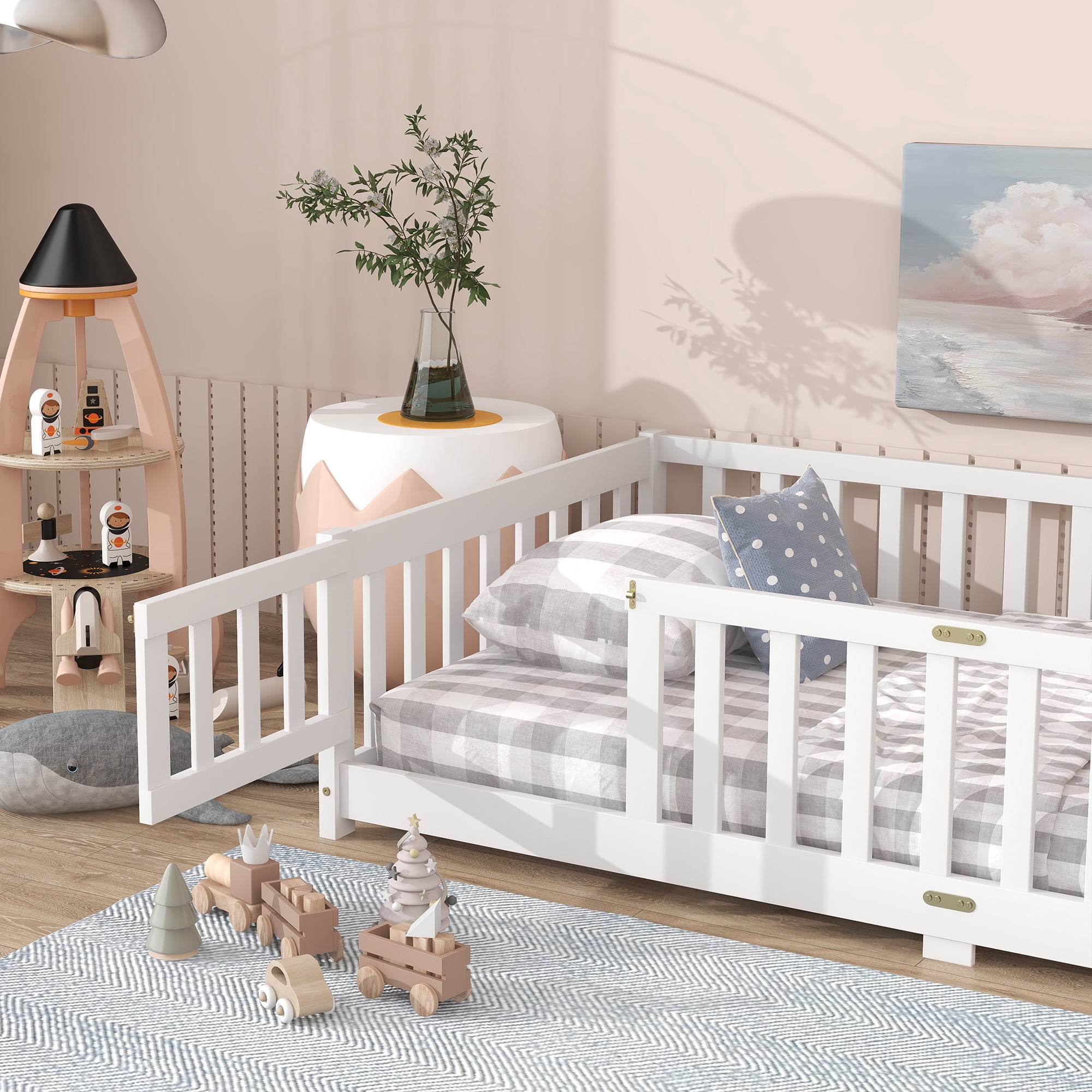 Sailvan Twin Floor Bed with Fence and Door, Solid Rubber Wood Kids Platform Bed Frame White