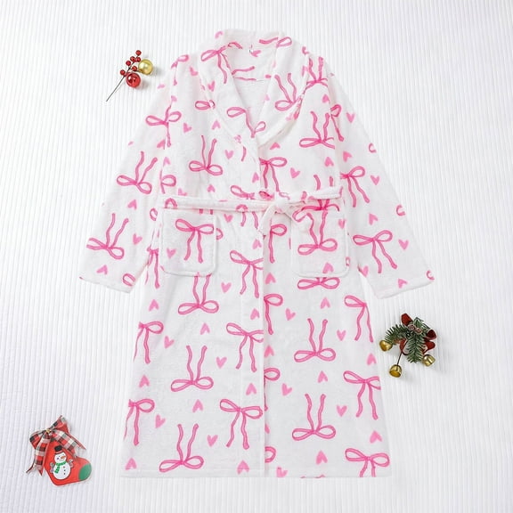 QUNYINEY Long Sleeve Women's Robes Bow Fluffy Flannel House Coat Collar Loose Fit Knee Length Gowns for Women Sleepwear