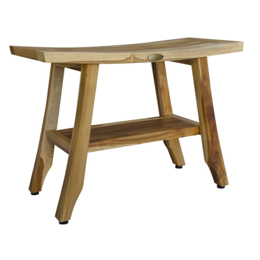 Compact Teak Rectangular Shower  Outdoor Bench with Shelf in Natural Finish