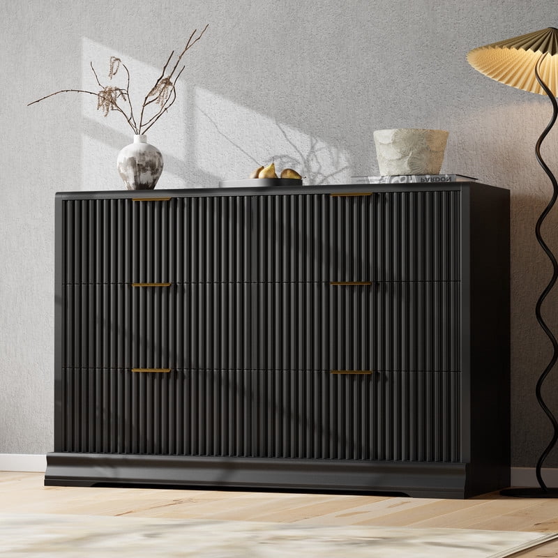 Lacoo 6 Drawer Fluted Dresser, Modern Ribbed Chest of Drawers with Gold Handles, Large Storage Dresser TV Stand for 50" TV