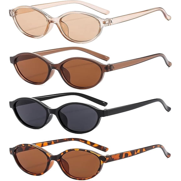 VETPW Trendy Oval Sunglasses Womens - Retro Cat Eye Sunglasses Womens Small Face Black Brown Lenses 90s Vintage Sun Glasses Narrow Shades Petite 4 Pack