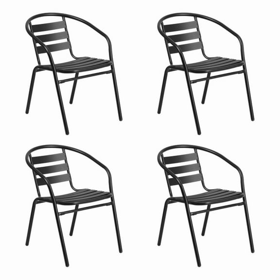 4 PACK Outdoor Patio Stackable Restaurant Arm Chair with Black Metal Frame and Aluminum Slats