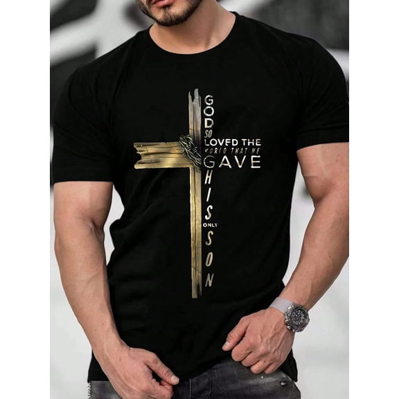 Men's Christian John 3:16 God So Loved The World Wooden Cross Inspirational T-Shirt