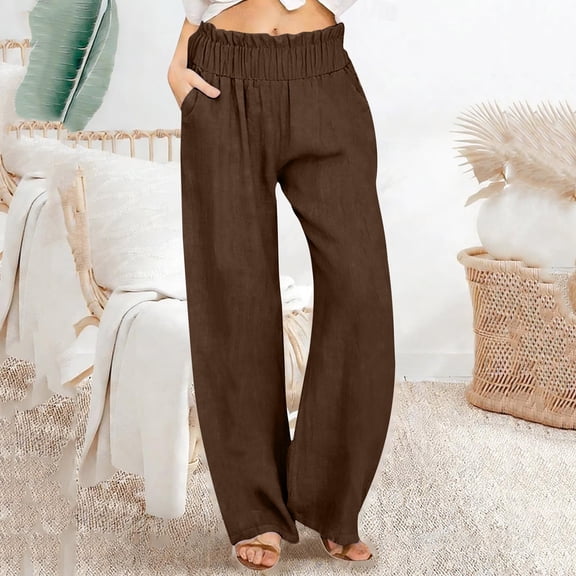 Oiangi Womens Cotton Linen Pants Smocked Waist Wide Leg Pants Summer Beach Travel Trousers Brown