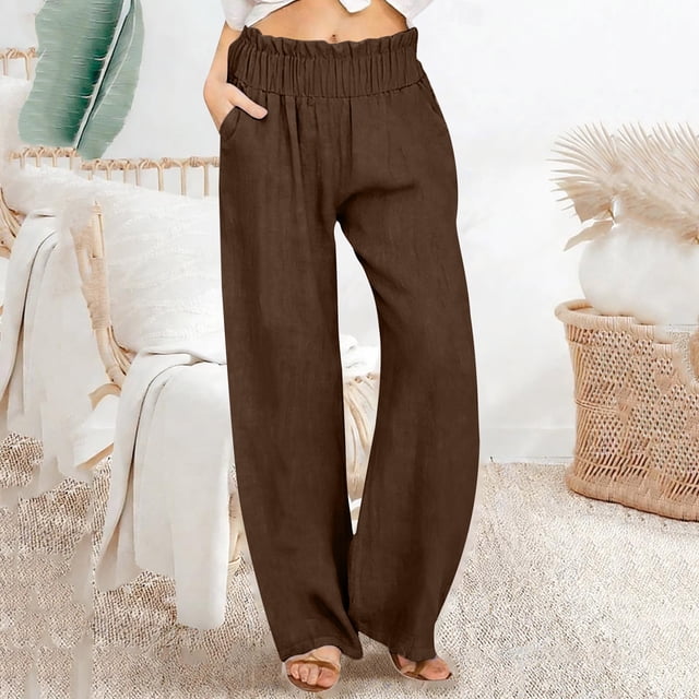 TaTaai Women Loose Fit Solid Cotton Linen Wide Leg Long Pants Casual Ladies Weekend Outdoor Vacation Wear Breathable No Fading Soft Stylish Versatile Trousers Gift
