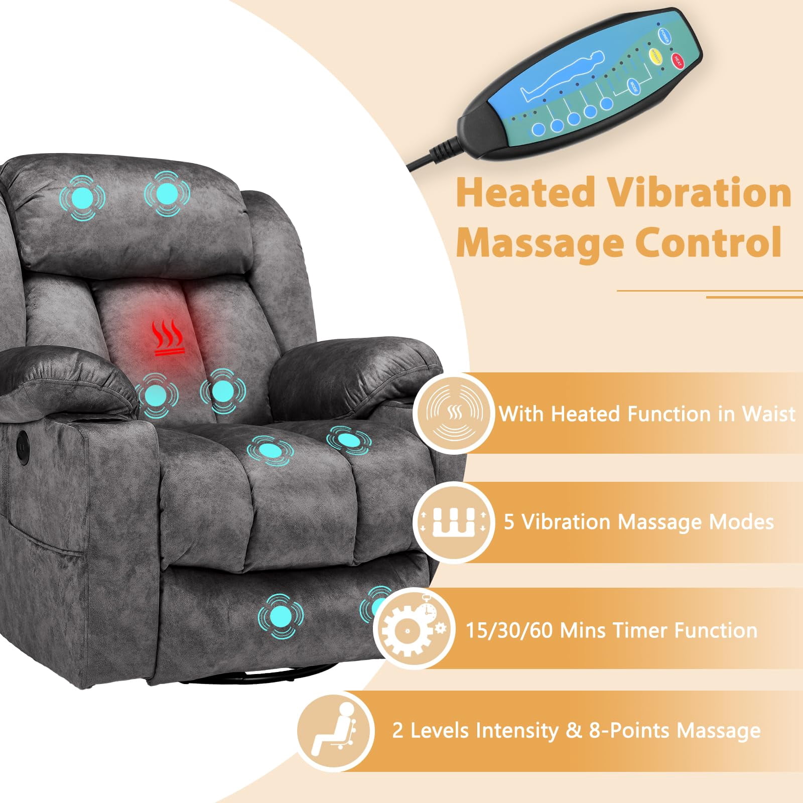 360° Swivel Glider Rocking Recliner Chair, Overstuffed Manual Massage Recliner with Heat and Vibration, Single Modern Sofa Home Seating for Living Room, USB Ports/Cup Holders (Plush-Grey)