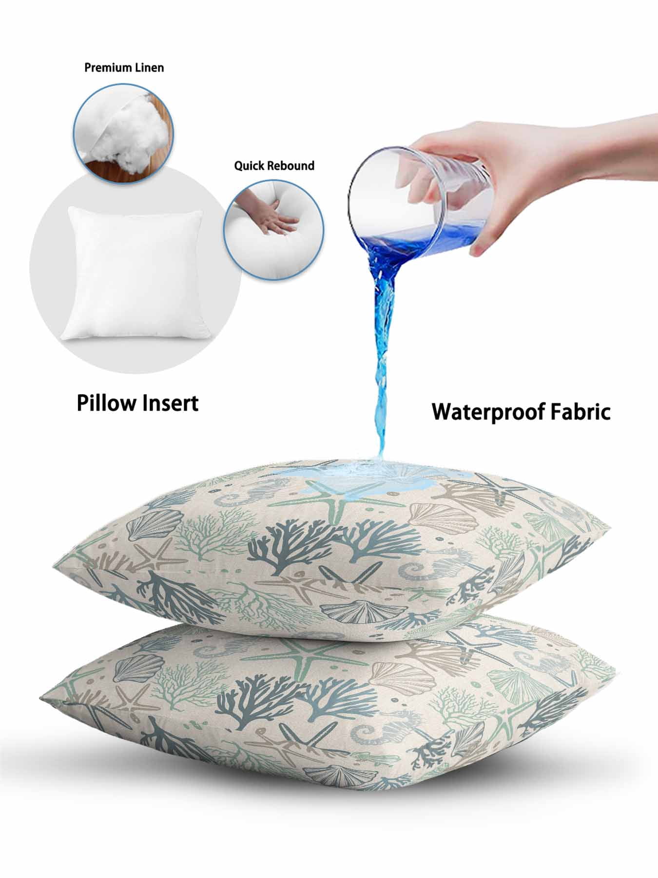 Waterproof Outdoor Throw Pillows with Inserts 12"x20" Set of 2,Aqua Teal Coastal Soft Decorative Pillowcases for Bedroom,Summer Beach Starfish Coral Nautical Rustic Pillow Covers for Sofa Living Room
