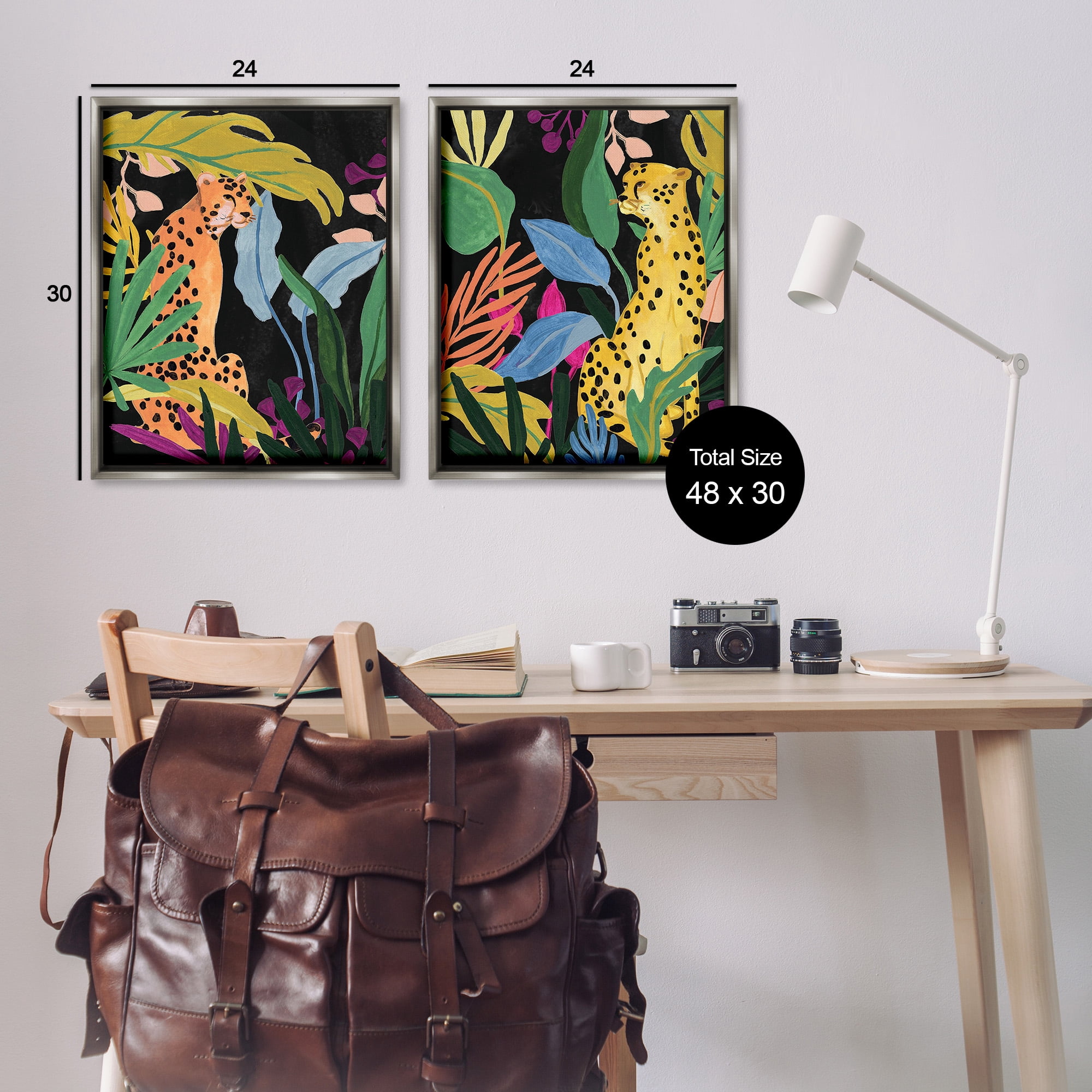 Stupell Industries Leopards & Tropical Leaves Animals & Insects Painting Gray Floater Framed Canvas Art Print Wall Art, 25 x 31, Set of 2