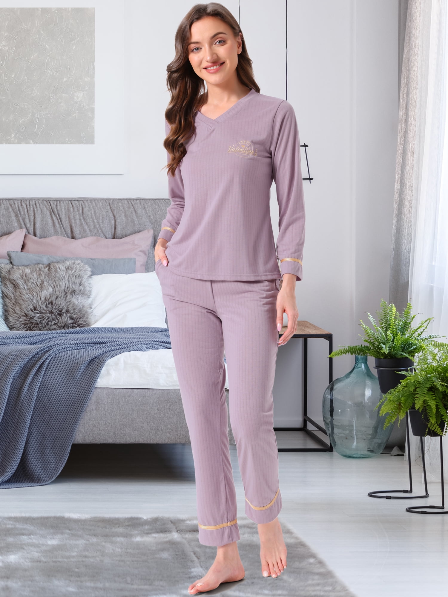 DARING DIVA Women's Cotton Ribbed Pullover V-neck Tops with Bottoms Pajama Sets XS Purple