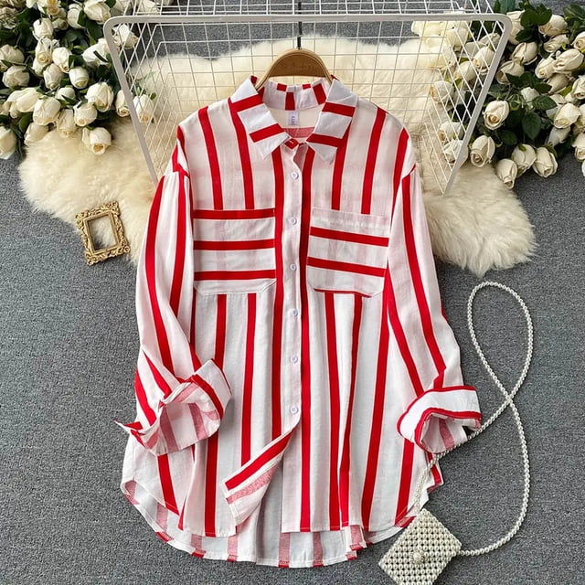 EQWLJWE Liquidation d'Été! Chemise Décontractée Mi-Longue à Rayures Verticales Multicolores pour Femmes, Manches Longues