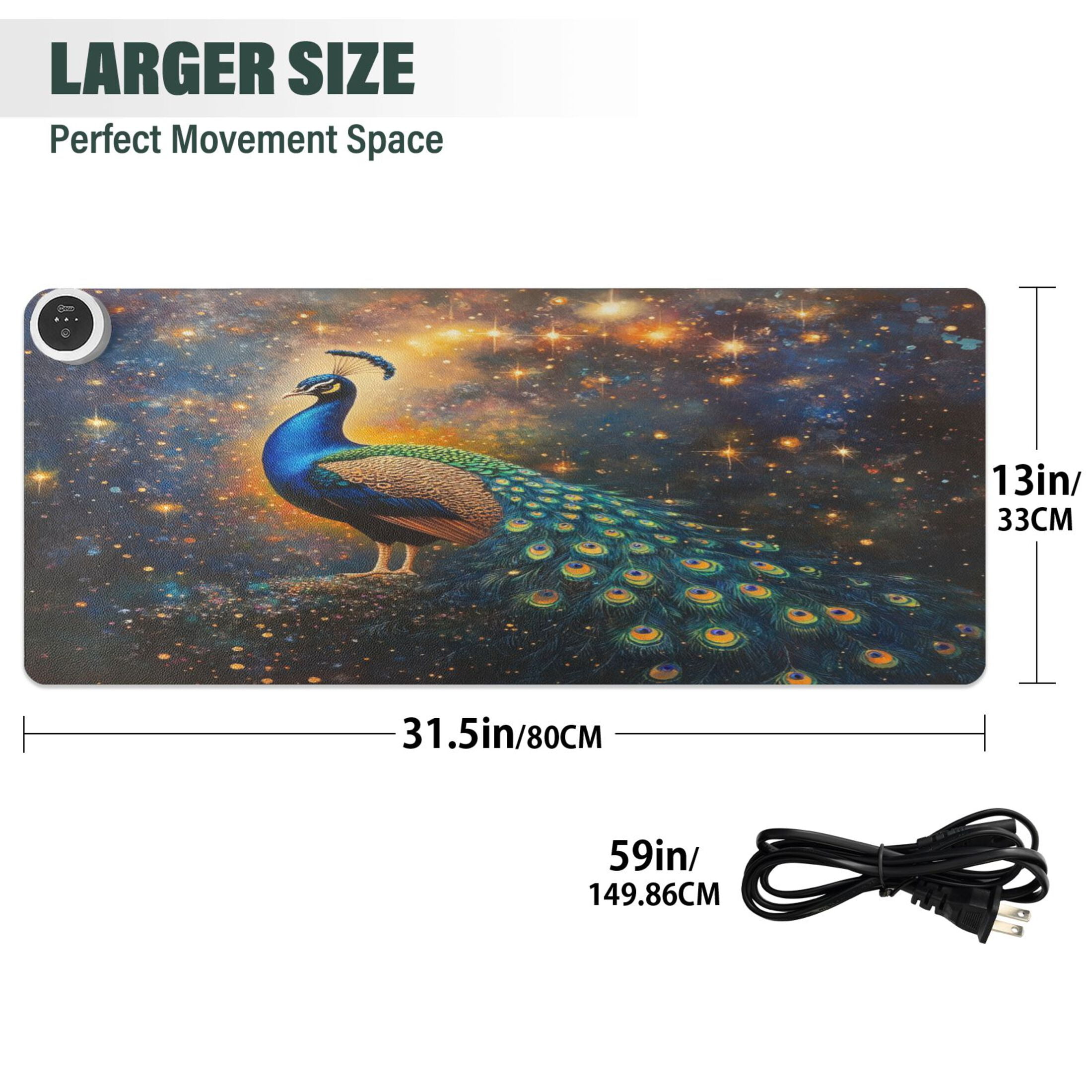 Wobogo Peacock Of Stars Heated Mouse Pad Extra-Large Desk Mat With 3 Heating Levels and 3-hour Auto Shut-Off Protection Ideal for Computer Keyboards Home Office Hand-warming Essential 31.5in × 13in