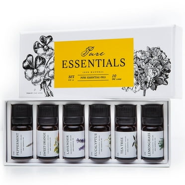 Essential oils by PURE ESSENTIALS 100% Pure Therapeutic Grade Oils kit- Top 6 Aromatherapy Oils Gift Set-6 Pack, 10ML(Eucalyptus, Lavender, Lemon grass, Orange, Peppermint, Tea Tree)