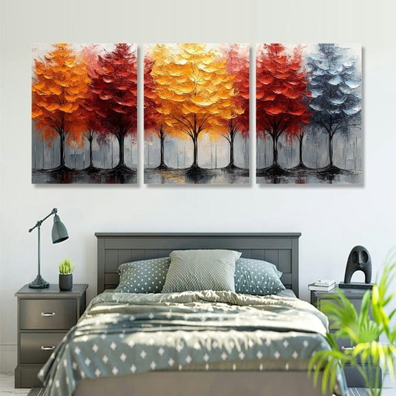 Modern Abstract Forest Trees Triptych Canvas Wall Art - Large 12x16 Inch Golden Yellow, Orange, Red, Blue, Black, White, Gray, Brown, Beige - Frameless Wrapped Canvas Painting for Living Room, Bedro