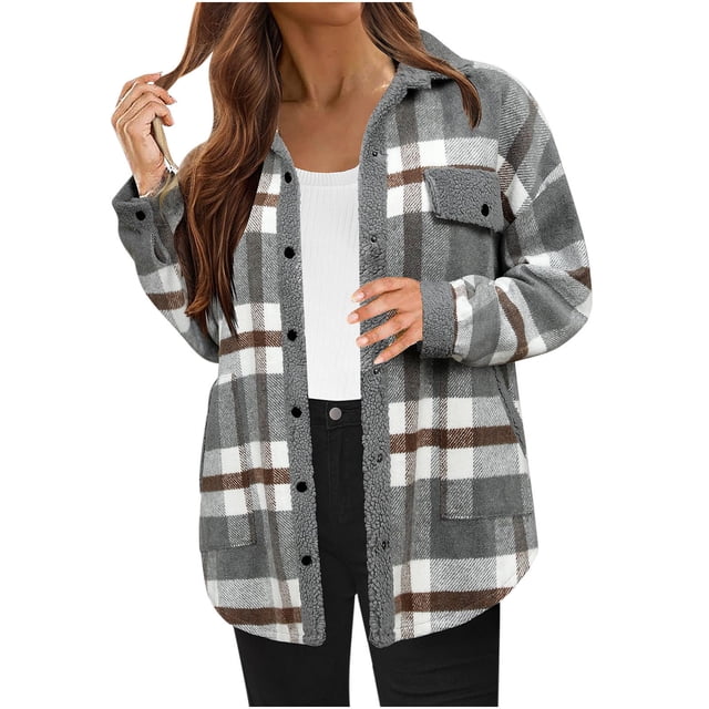 aohooy Plaid Button Down Shacket for Womens 2025 - Fall Flannel Long Sleeve Casual Fleece Jacket with Pockets Gray,M