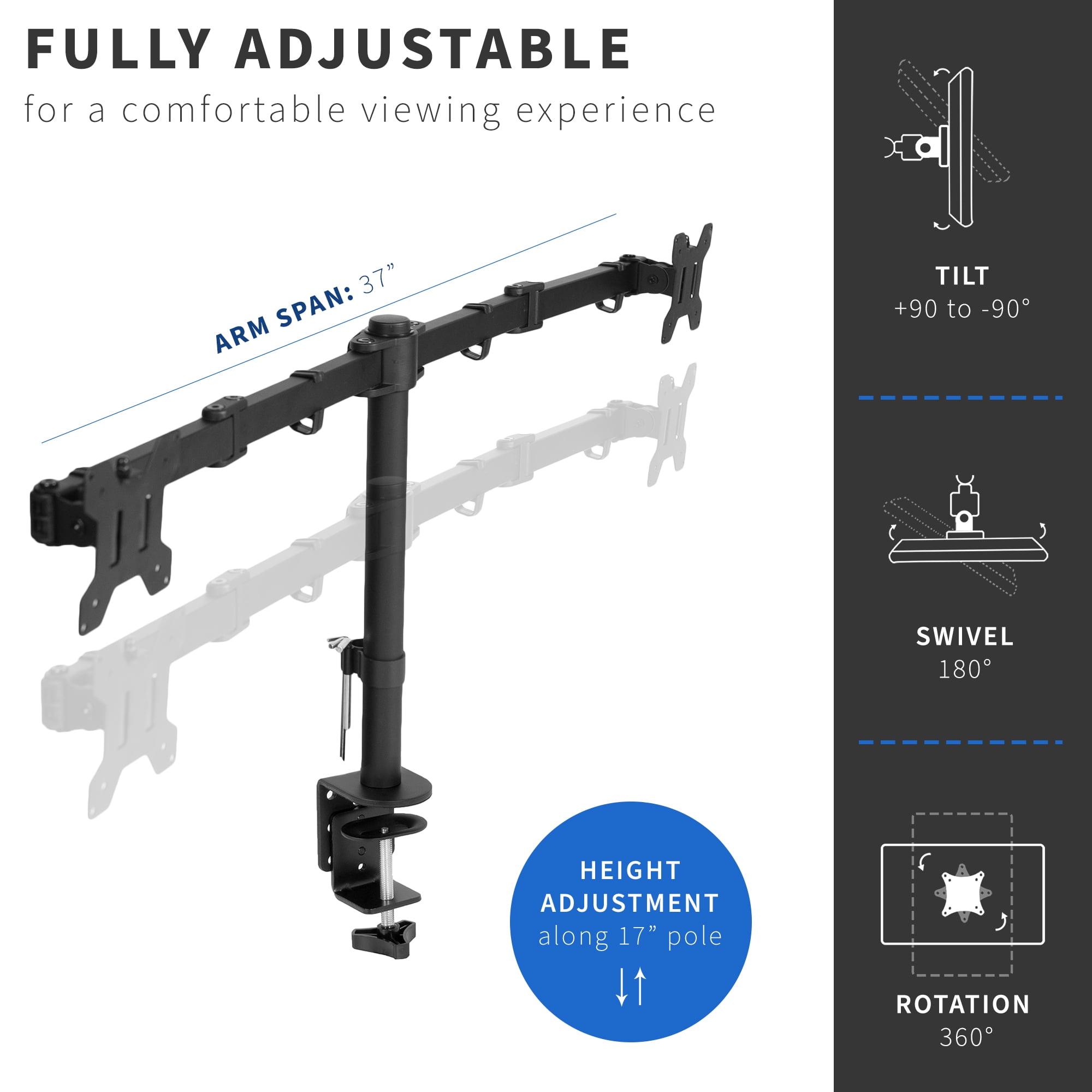 VIVO Full Motion Dual VESA Monitor Desk Mount Double Arm Joint Screens up to 34"