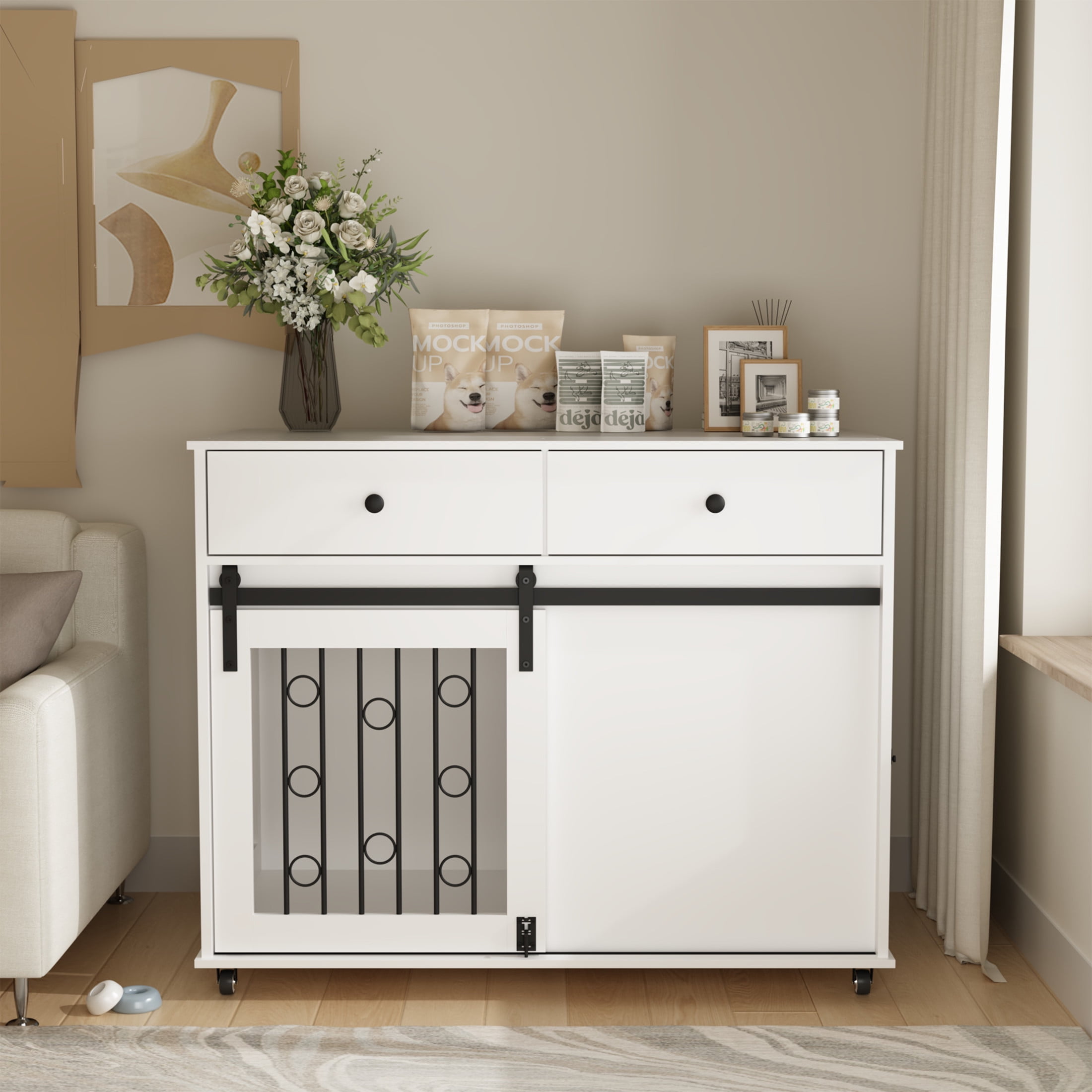 Noble House 39.37" Modern Dog Crate Furniture with Sliding Barn Door and Drawers, Pet Kennel with Lockable Wheels, White