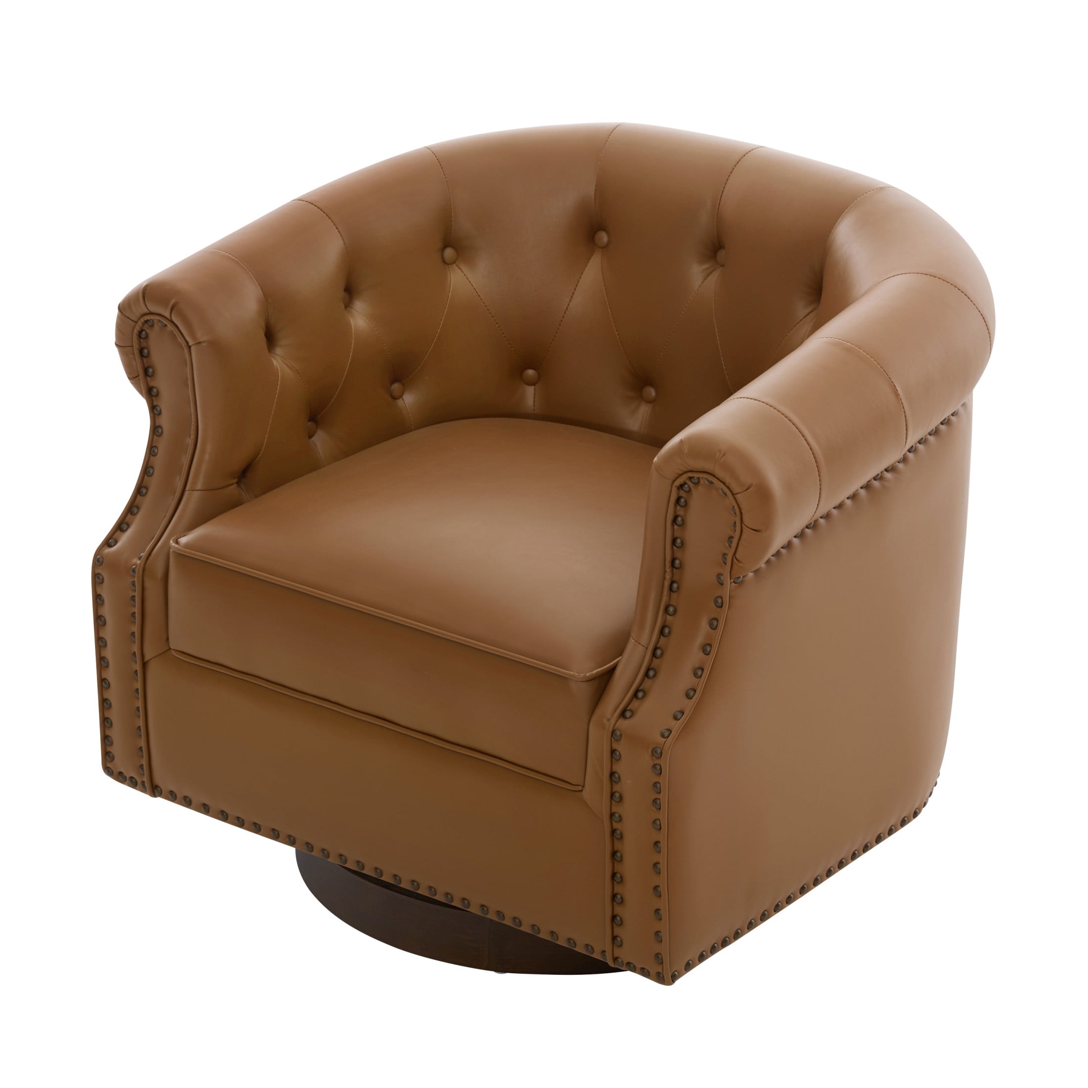 Christopher Knight Home 360° Swivel Modern Accent Chair, PU Leather Barrel Chair with Wood Base, Brown