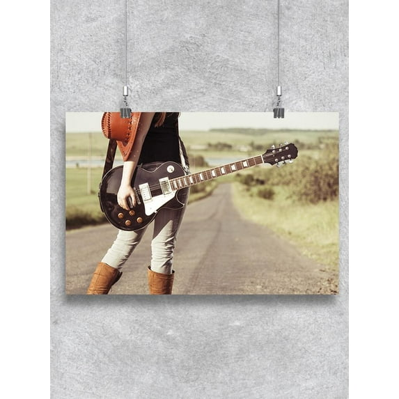 Woman With Guitar At Freeway Poster -Image by Shutterstock
