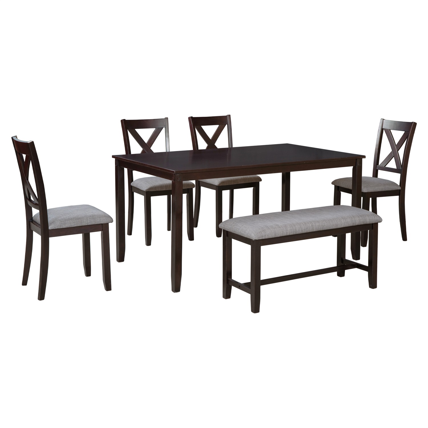 Kadyn Rectangular Dining Table Set 6 Pc, Wooden Modern Dining Chairs Seat, 6-piece Kitchen Dining Table Set Dining Table, 4 Dining Chairs and Bench, Espresso Kadyn Rectangular Dining Table Set 6 Pc, Wooden Modern Dining Chairs Seat, 6-piece Kitchen Dining Table Set Dining Table, 4 Dining Chairs and Bench, Espresso