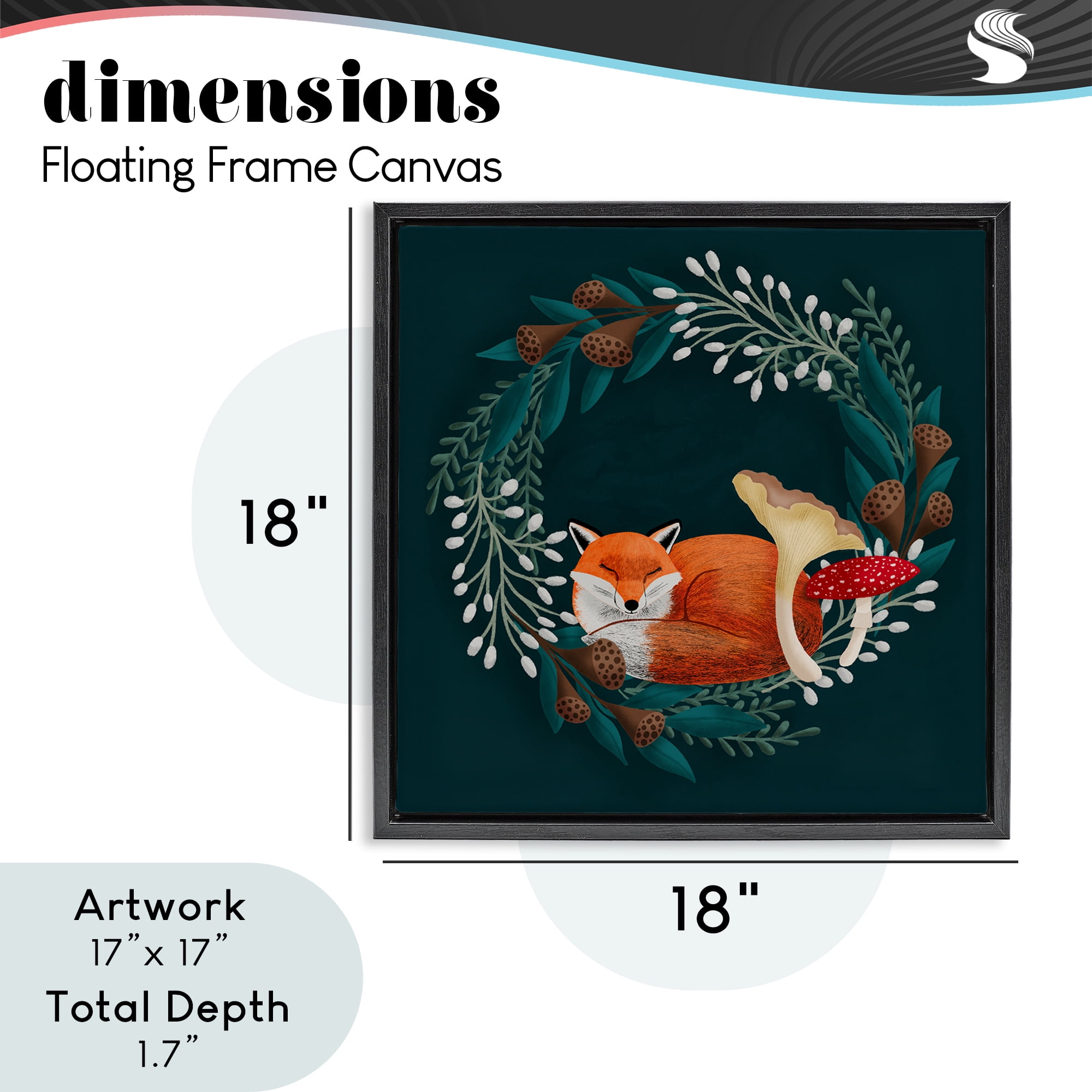 Sleepy Fox in Botanical Wreath Black Framed Floater Canvas Wall Art, design by Metka Hiti
