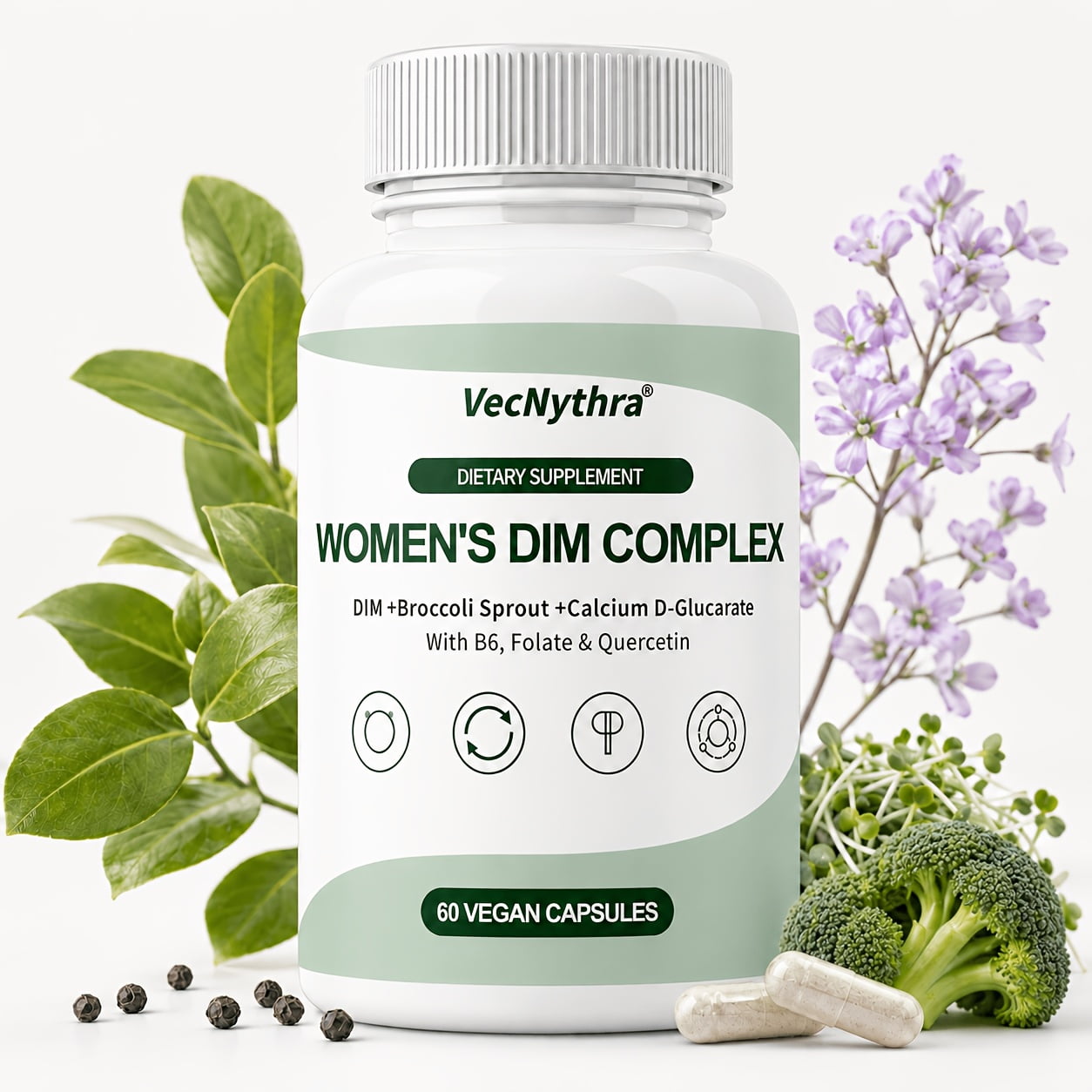 VecNythra Women's DIM Complex Supplement, 200 mg DIM with Broccoli Sprout, Calcium D-Glucarate, B6, Folate & Quercetin, 60 Vegan Capsules