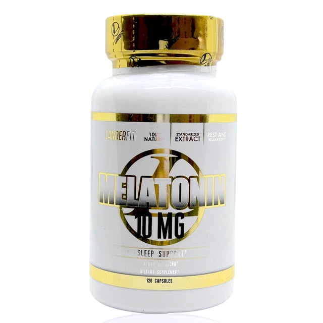 melatonina 10 mg 120 cápsulas lannderfit frasco blanco con tapa dorada, vista frontal centrada; etiqueta muestra texto grande “MELATONIN 10 MG”, indica suplemento para dormir y contiene 120 cápsulas. Adecuado sólo para adultos según etiqueta.
