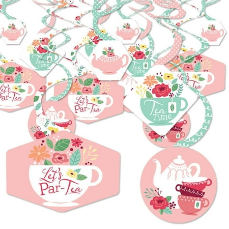 Big Dot of Happiness Floral Let's Par-Tea - Garden Tea Party Hanging Decor - Party Decoration Swirls - Set of 40