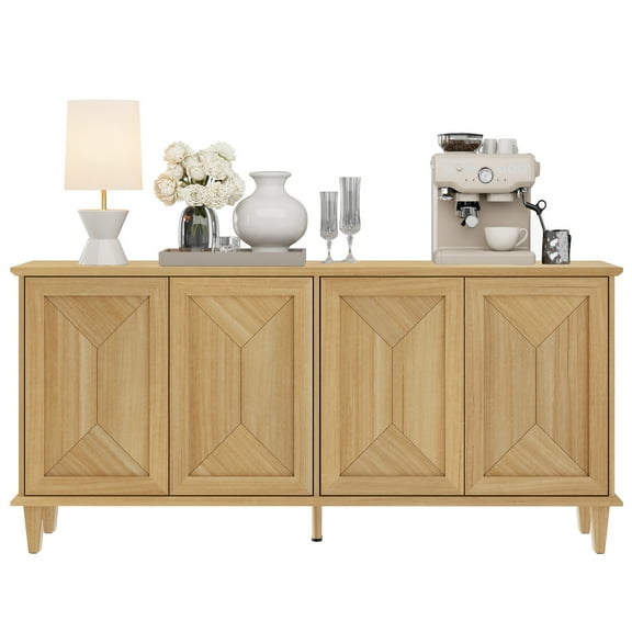 WAMPAT Pop-Up Design Sideboard Credenza with Handcrafted Patchwork Doors,65-inch Modern Farmhouse Buffet Cabinet with Storage for Dining Room,Kitchen and Living Room, Natural Oak