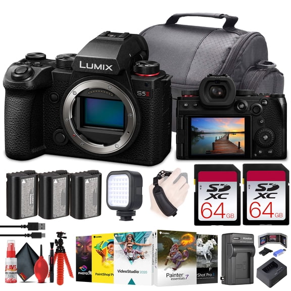 Panasonic Lumix S5 II Mirrorless Camera (DC-S5M2BODY)   2 x 64GB Memory Card   Corel Photo Software   2 x DMW-BLK22 Battery   Charger   LED Light   Card Reader   Case   Flex Tripod   More