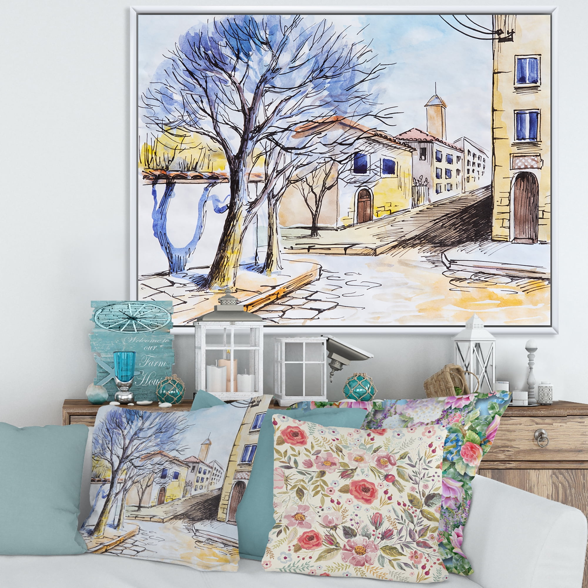 Designart 'Vintage White House In Summer VIllage' Traditional Framed Canvas Wall Art Print