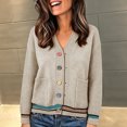 thumbnail image 2 of PBFRDSJ Women's Knit Cardigan Sweaters Contrast Striped V Neck Colorful Button Open Front Sweater Long Sleeve Knit Outerwear with Pockets Free Sizes, 2 of 6