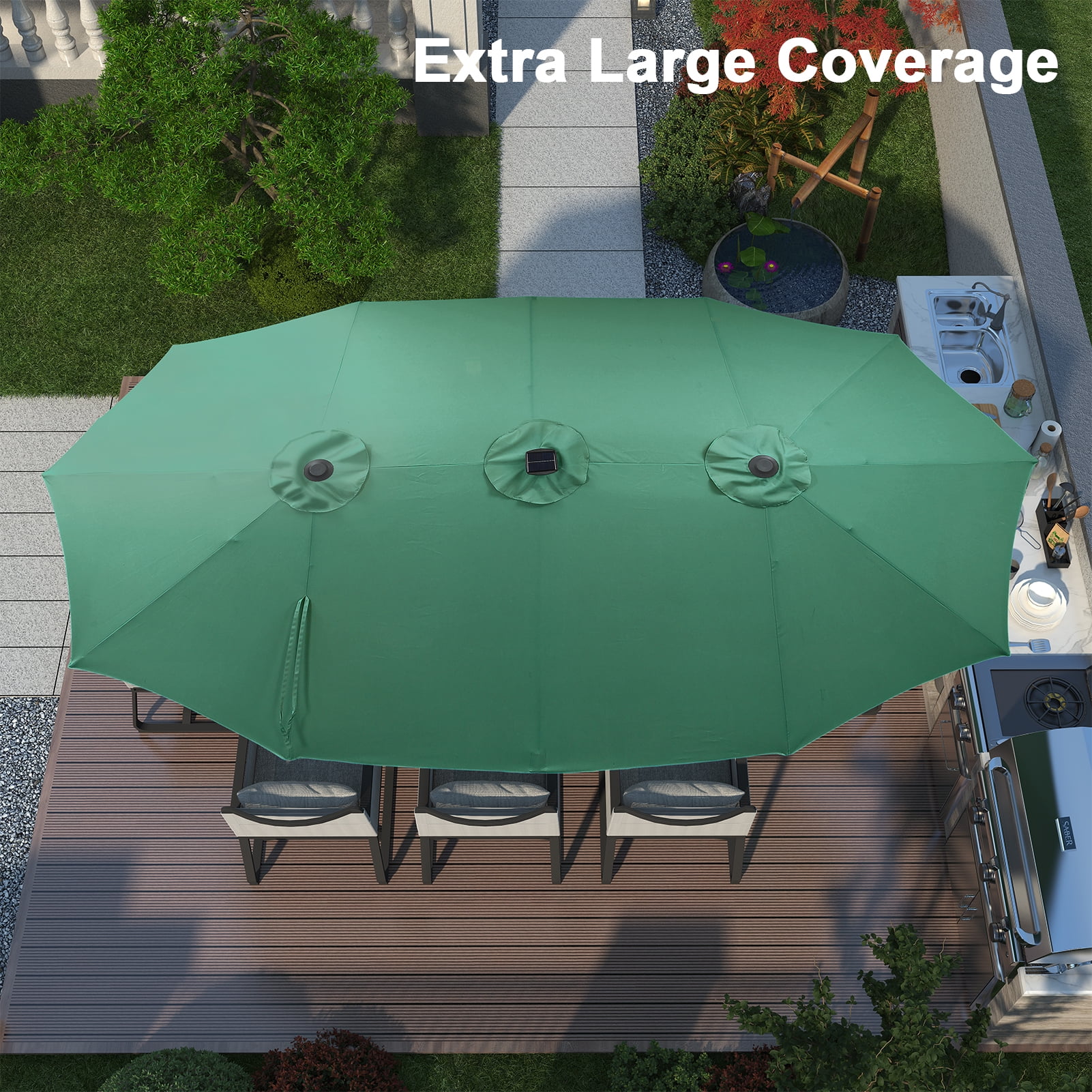 Ainfox 15ft Large Patio Umbrella, Double-Sided Outdoor Rectangle Table Umbrellas with Fillable Weighted Sand Bag Base，Green