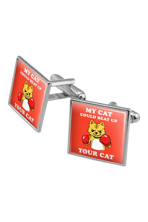My Cat Could Beat Up Your Cat Boxing Gloves Funny Humor Square Cufflink Set - Silver or Gold