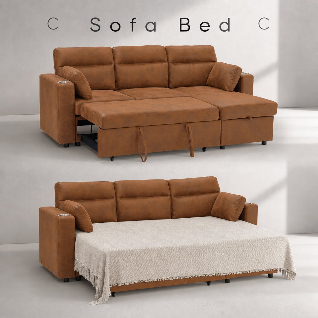 Leumius 82.5" Sectional Sofa with Pull-Out Bed,L-Shaped Sofa with Storage Chaise, Cup Holders and 2 Pillows,Light Brown