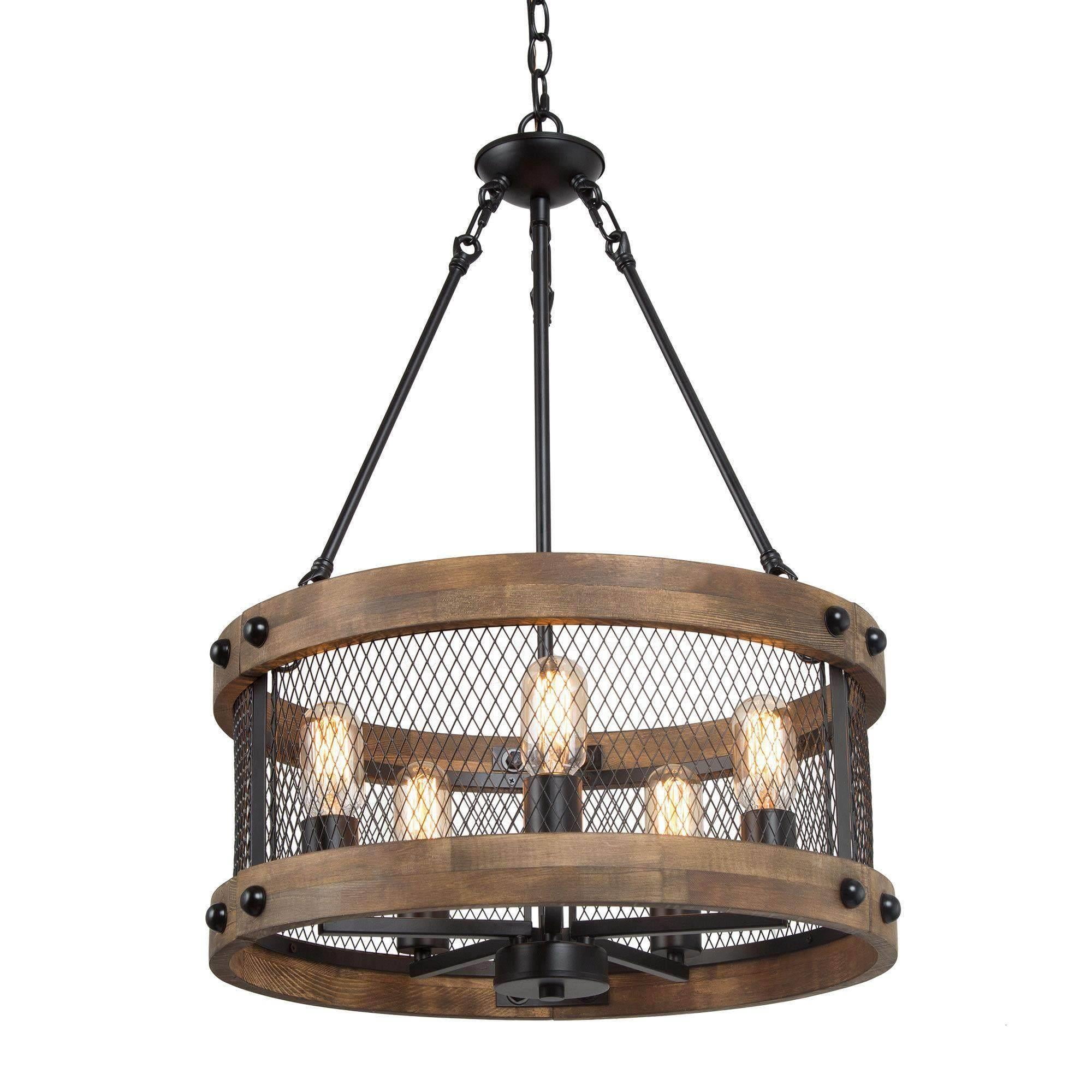 LNC 5-Light Matte Black and Distressed Wood Drum Lantern Farmhouse Chandelier