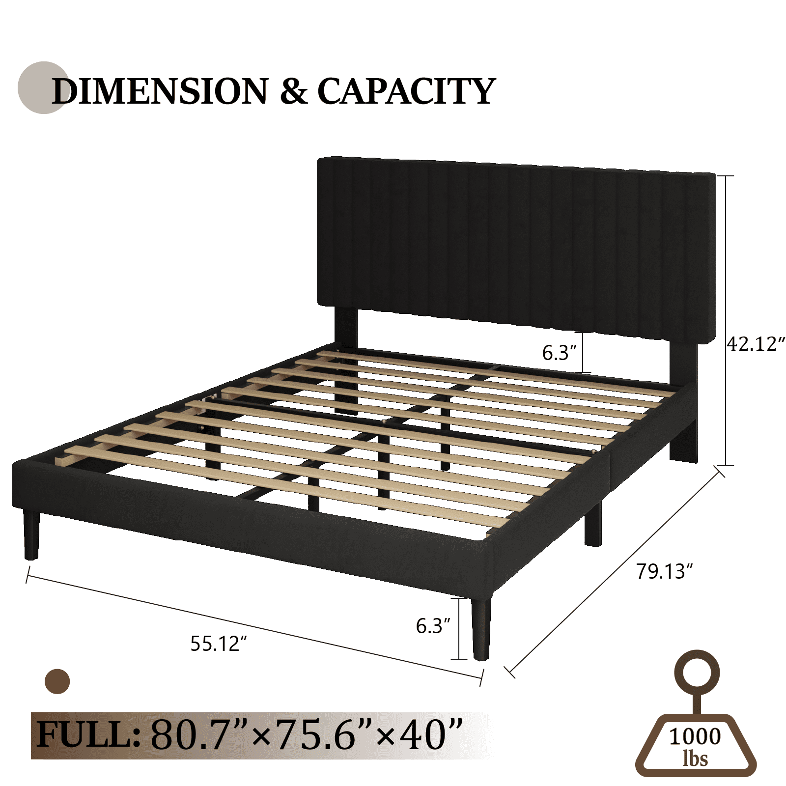 VIPLOV Full Size Bed Frame with Velvet Upholstered Headboard, Platform Bed with Strong Wood Slats, Mattress Foundation, Box Spring Optional, Easy Assembly, Black