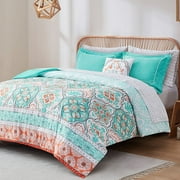 SHMAMT Twin Complete Comforter Sets, Boho Mandala Bed in A Bag, Microfiber Bedding Set with Side Pockets, Matching Decorative Pillow, 6 Piece Coral