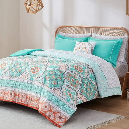 

Queen Bed in A Bag Lattice Boho Complete Comforter Sets Microfiber Bedding Set with Side Pockets Matching Decorative Pillow 8 Piece Aqua