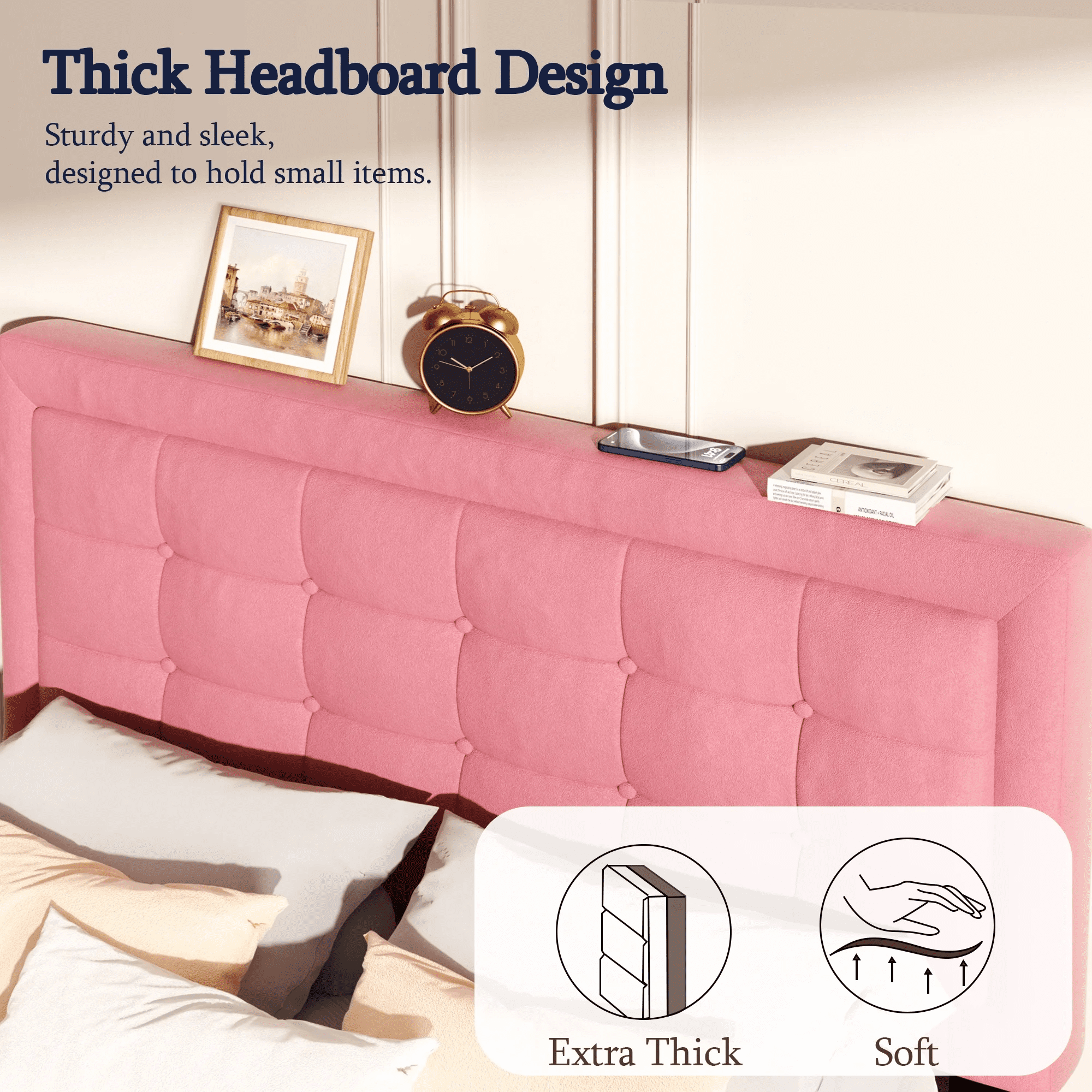 VIPLOV Pink Bed Frame,King Size Bed Frames with pholstered Headboard, Easy Assembly, Pink