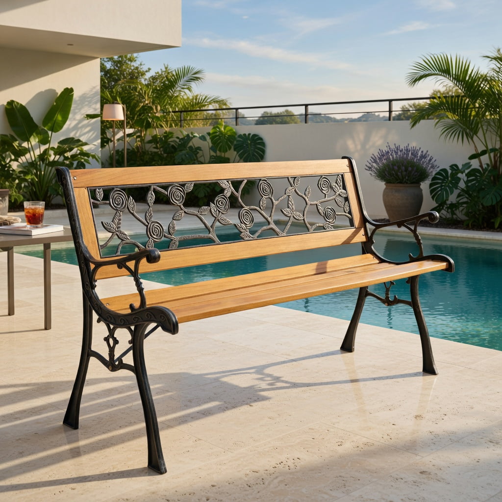 Hommoo 49.5" Cast Iron & Solid Wood Outdoor Garden Bench, Patio, Porch, or Yard Seating, Black + Natural