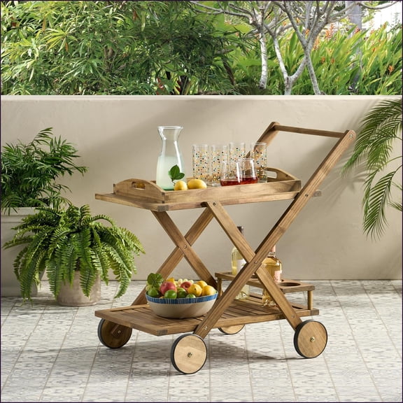 Bar Cart, Rustic Acacia Wood with Wheels, Natural Finish | Natural Stained | Wood