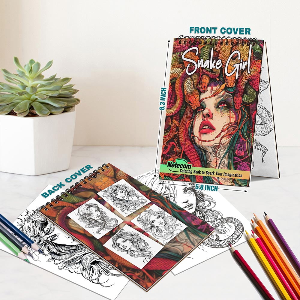 Netecom Snake Girl Coloring Book for Adults, A5 Wooden Cover, 30 Enchanting Portrait Coloring Pages of Serpentine Beauties for Stress Relief and Relaxation, Spiral Bound Edition
