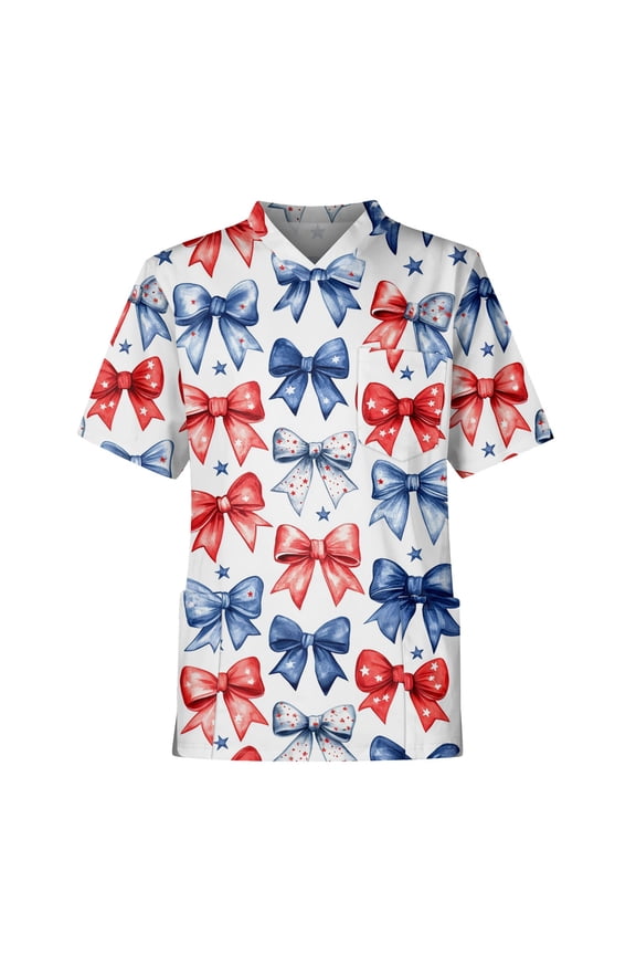 Men's V-Neck Workwear T-Shirt, Functional Chest Pocket with Patriotic Print for Practical Daily Outfits ,White L