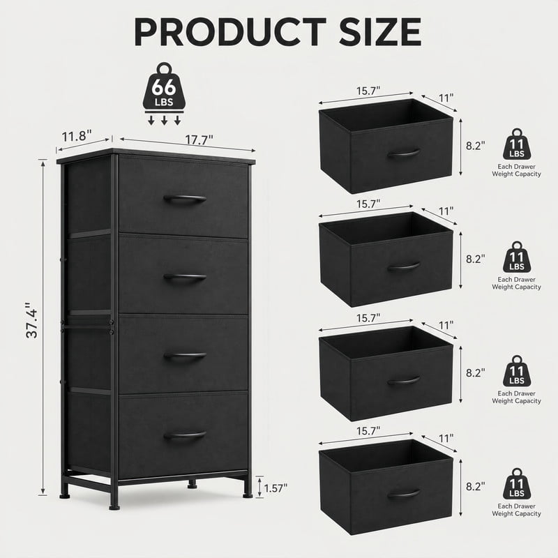 BEAUTYPEAK 4-Drawer Fabric Dresser Nightstand Bedside Table with Wood Top Adjustable Feet, Black