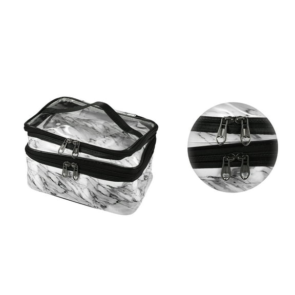 Vocoste Double Layer Makeup Bag Cosmetic Travel Bag Make Up Organizer Bag for Women Marble Pattern White 1 Pcs