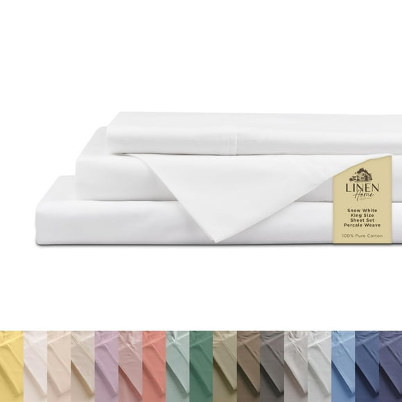 Draps en Percale 100 % Coton Taille Très Grand, Snow White, Poches Profondes, Ensemble de Draps 4 Pcs - 1 Drap Plat, 1 Drap-Housse à Poches Profondes et 2 Taies d'Oreiller, Linge de Lit Frais, Frais et Solide