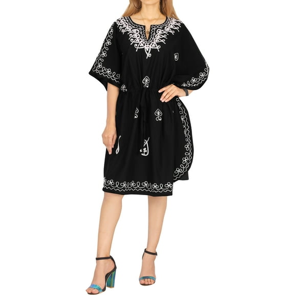 HAPPY BAY Women's Summer Loungewear Solid Casual Relaxed Caftan Knee Length Cover Up Dresses for Women 2X-3X Black, Embroidered