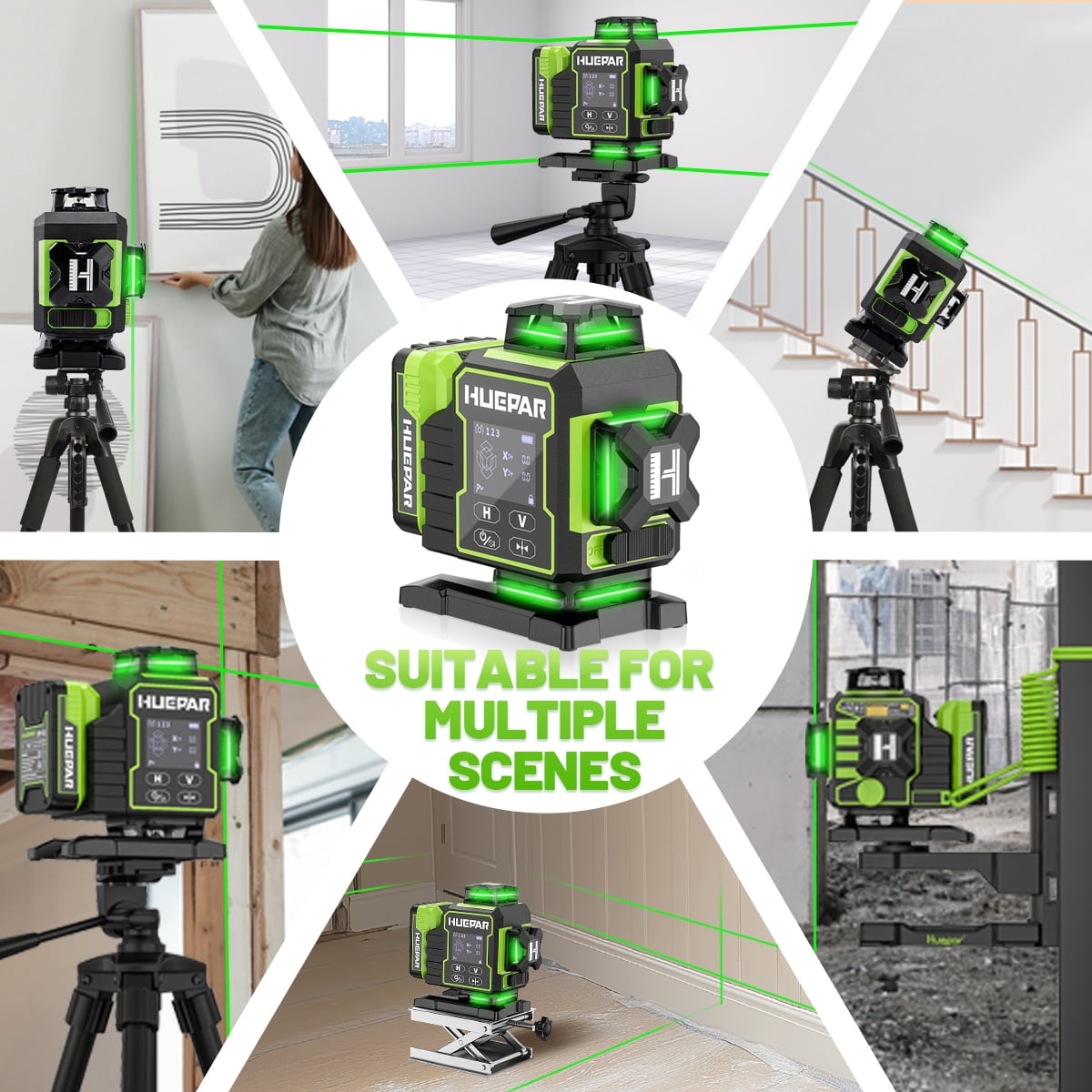 Huepar 4×360°Self-Leveling Laser Level with Backlit LCD Screen Remote Control Outdoor Pulse Mode Laser Tool with Bluetooth