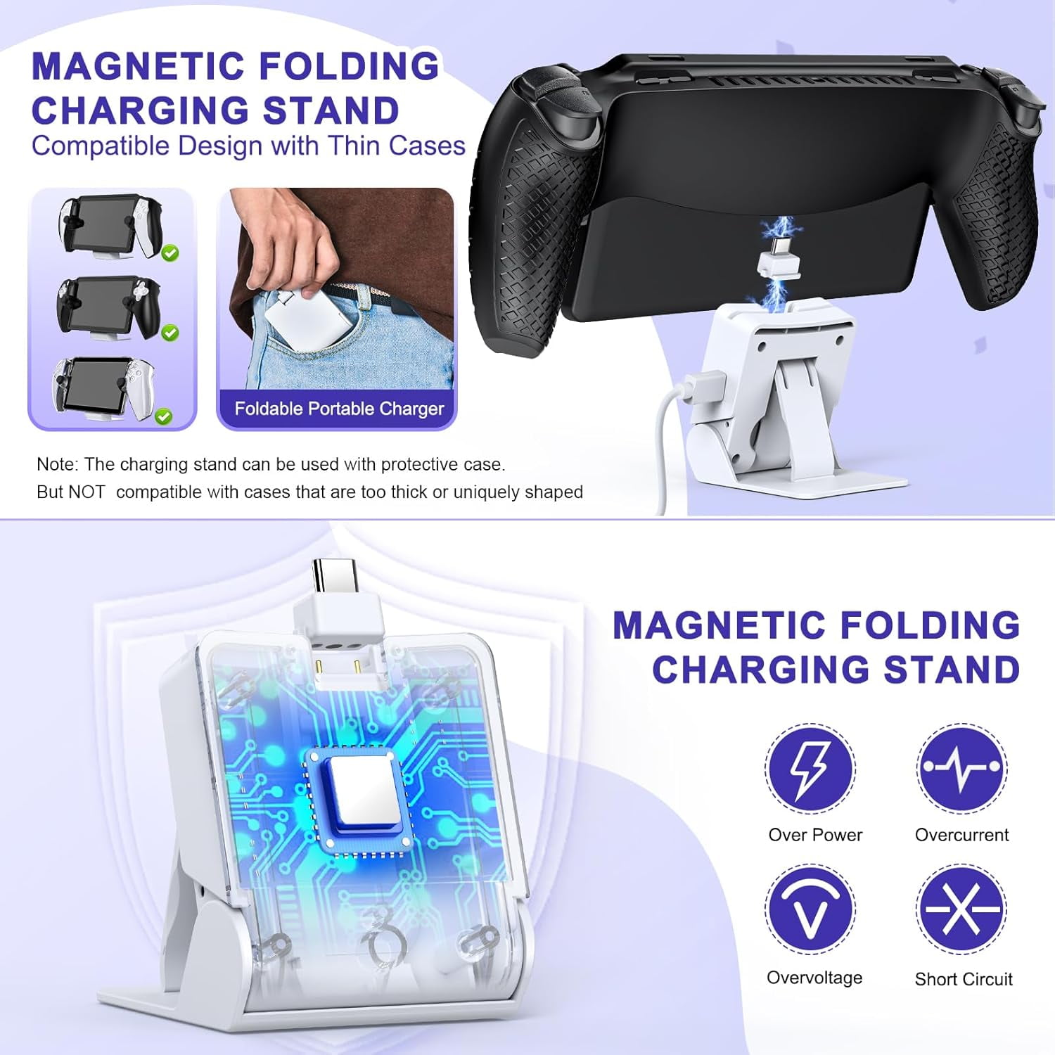 Uberwith Accessories Kit for PlayStation Portal, Carrying Case Bundle and Magnetic Portable Charger for PS5 Portal with Protective Case, 2 Screen Protectors, Wired Headphone, 8 Thumb Grips (Black)