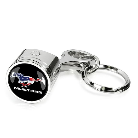 iPick Image for Ford Mustang USA Flag Pony Chrome Finish Engine Piston and Rod Metal Key Chain, Official Licensed